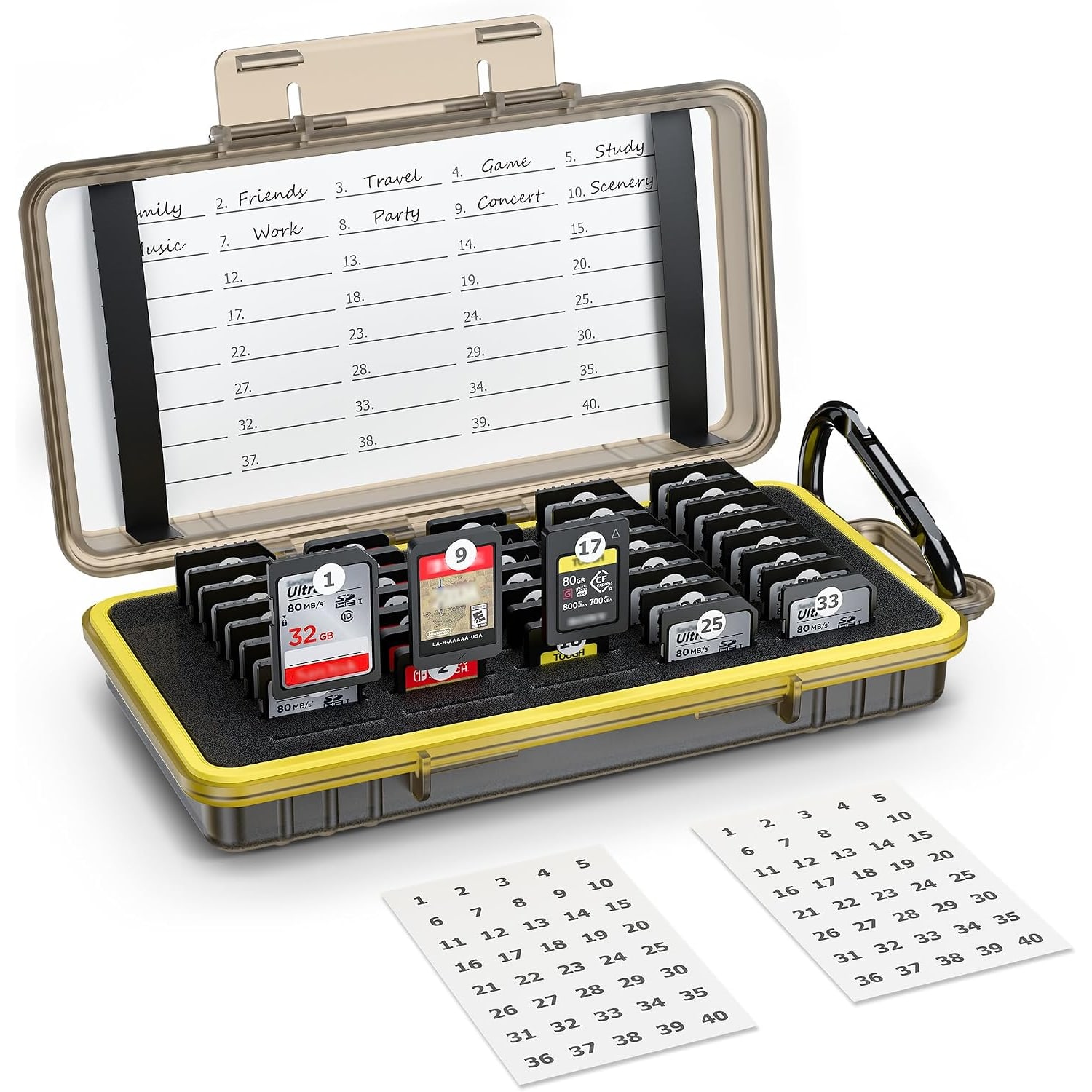 40-Slot SD Card Case with Carabiner and Labels