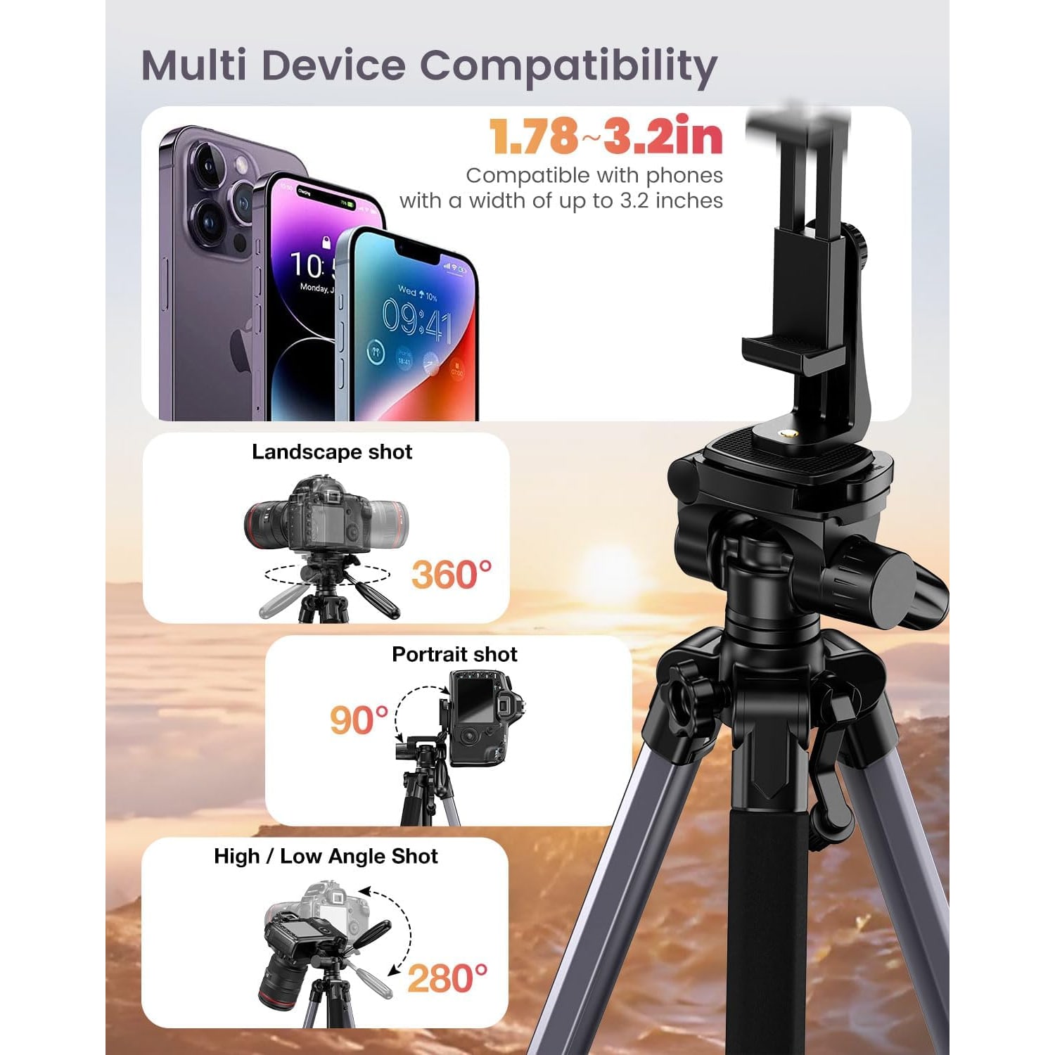 74 Inch Lightweight Aluminum Camera Tripod with 360° Pan Head