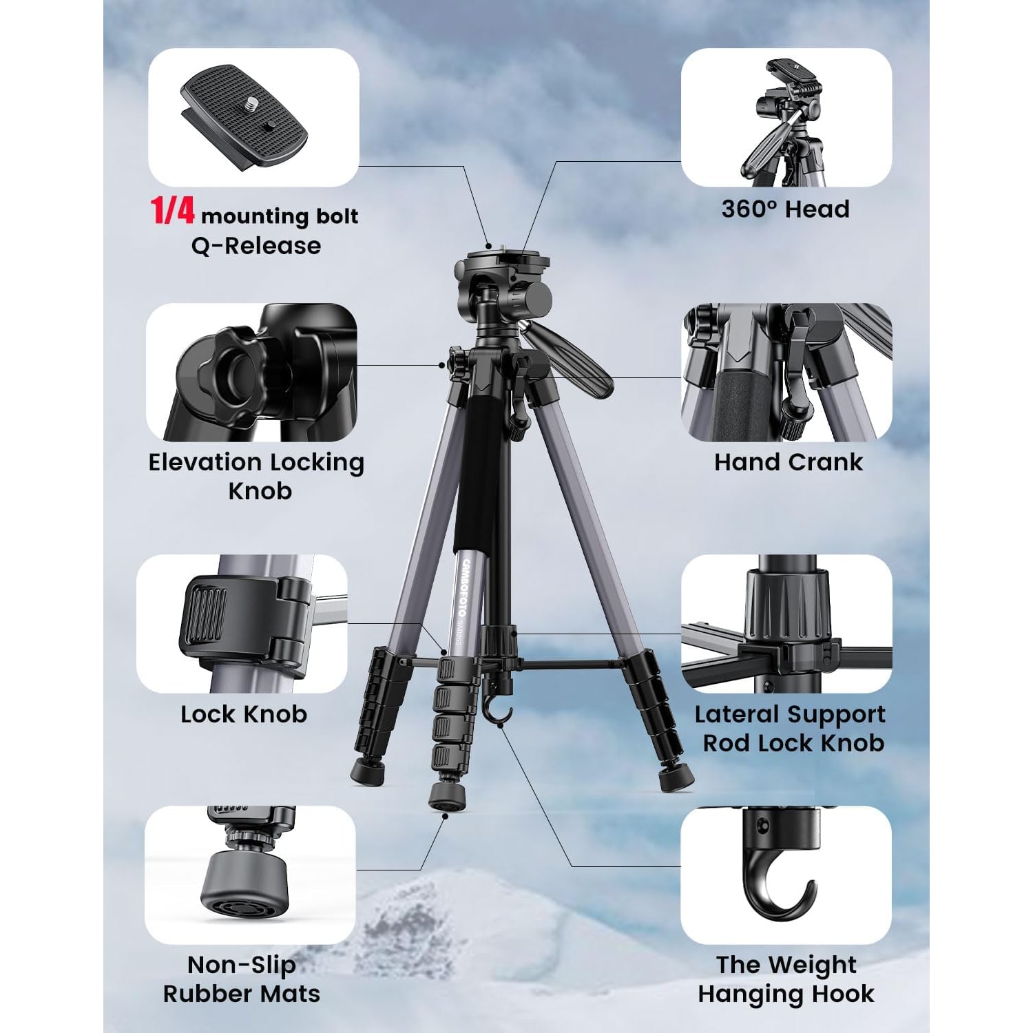 74 Inch Lightweight Aluminum Camera Tripod with 360° Pan Head