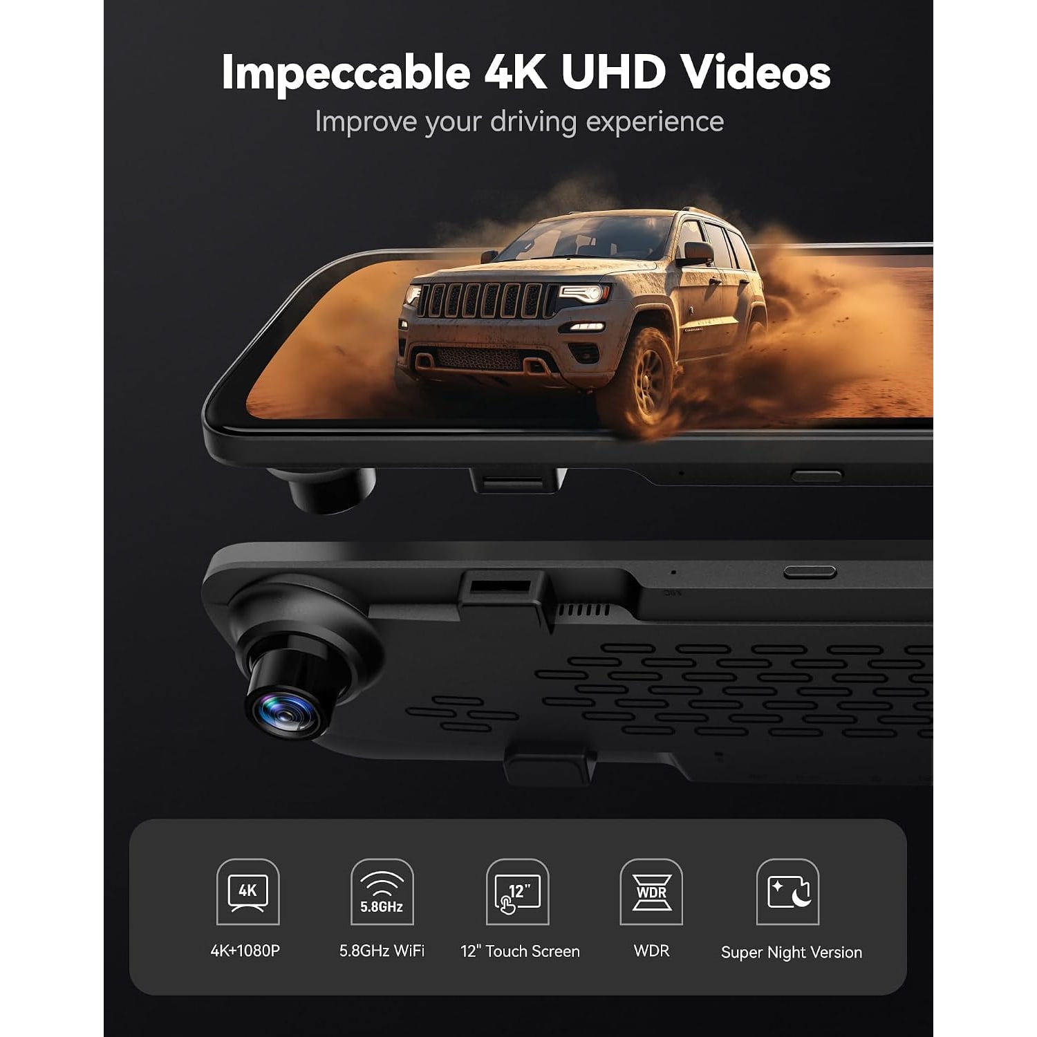 4K Mirror Dash Cam with 12-Inch Touch Screen and Rear Camera