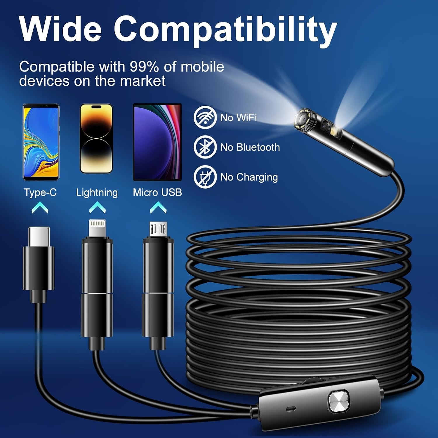 Dual Lens Endoscope Camera with 16.5 ft Semi-Rigid Cable