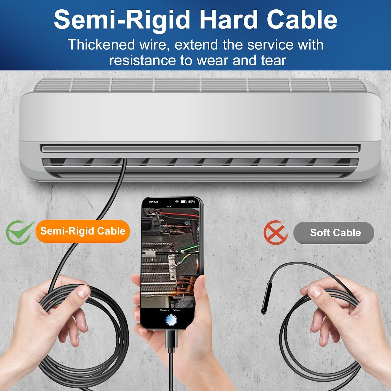 Dual Lens Endoscope Camera with 16.5 ft Semi-Rigid Cable
