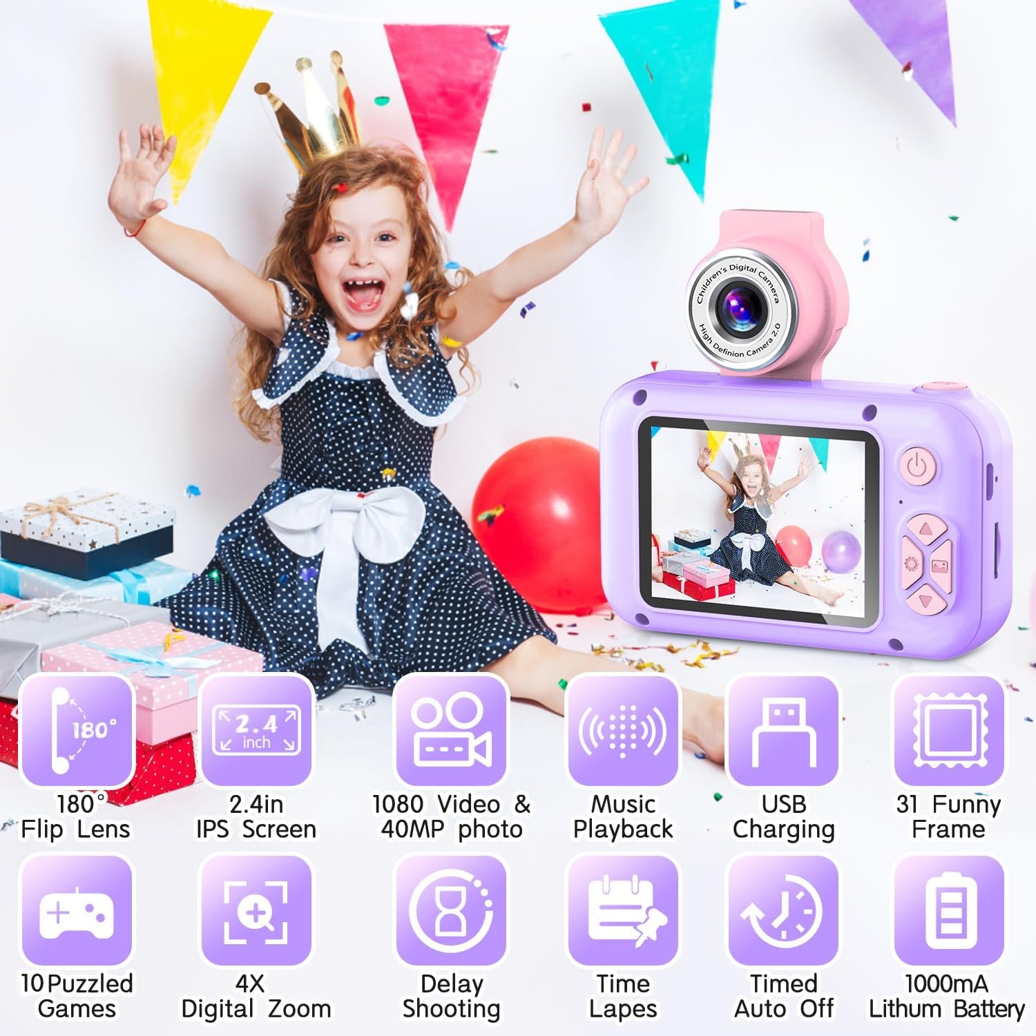 Kids Camera with 180° Flip Lens and 2.4" IPS Screen